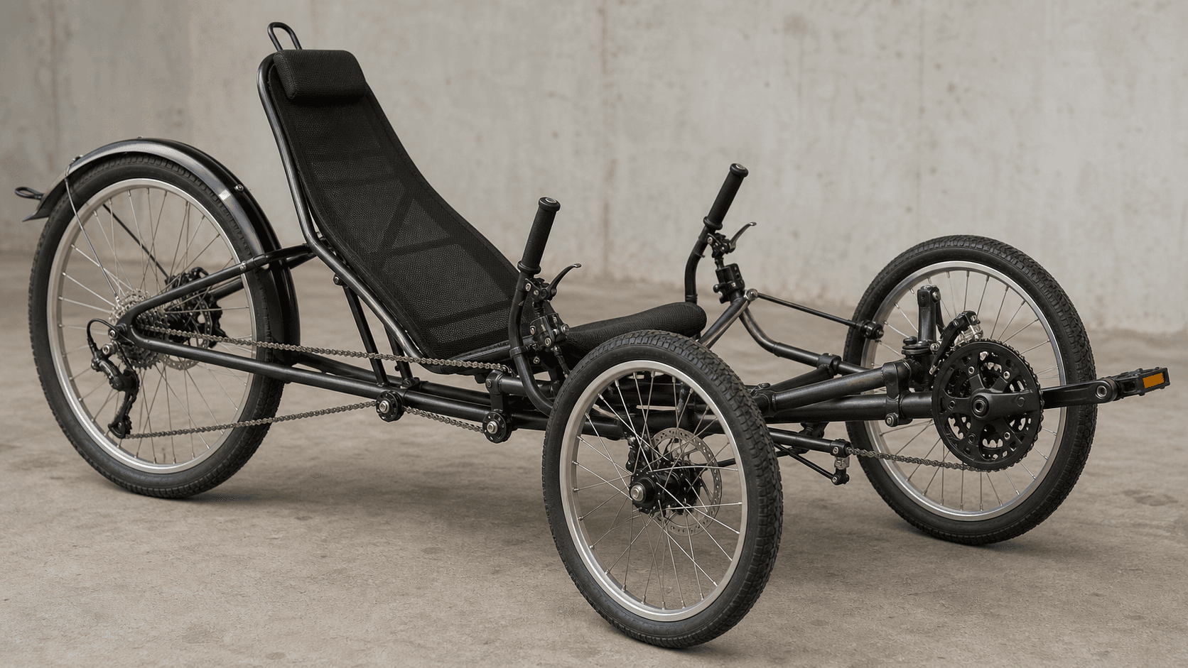 Axlow V1 recumbent trike concept on a workshop floor
